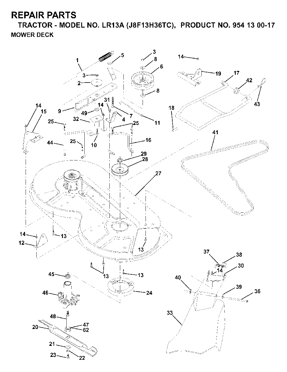 Mower Deck / Cutting Deck Diagram and Parts List for LR13A (954130017)(2000-02) Jonsered Lawn Tractor