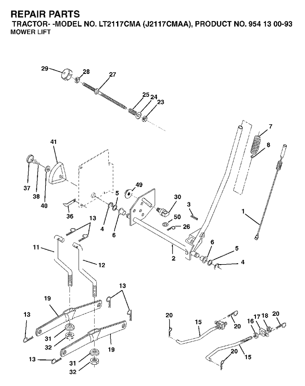 Mower Lift / Deck Lift Diagram and Parts List for LT2117CMA (954130093)(2003-01) Jonsered Lawn Tractor