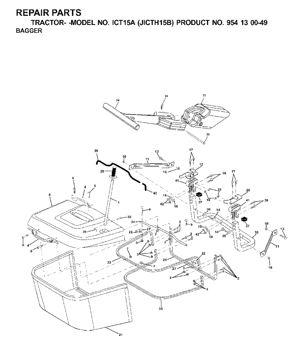 Bagger Diagram and Parts List for ICT15A (954130049-B)(2001-02) Jonsered Lawn Tractor