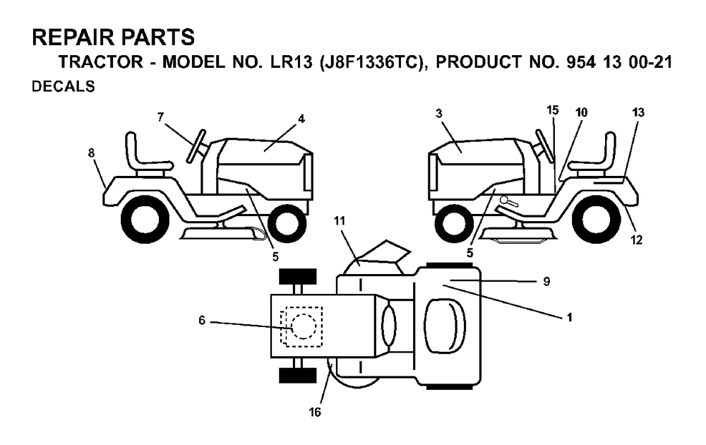 Decals Diagram and Parts List for LR13 (954130021)(2000-02) Jonsered Lawn Tractor