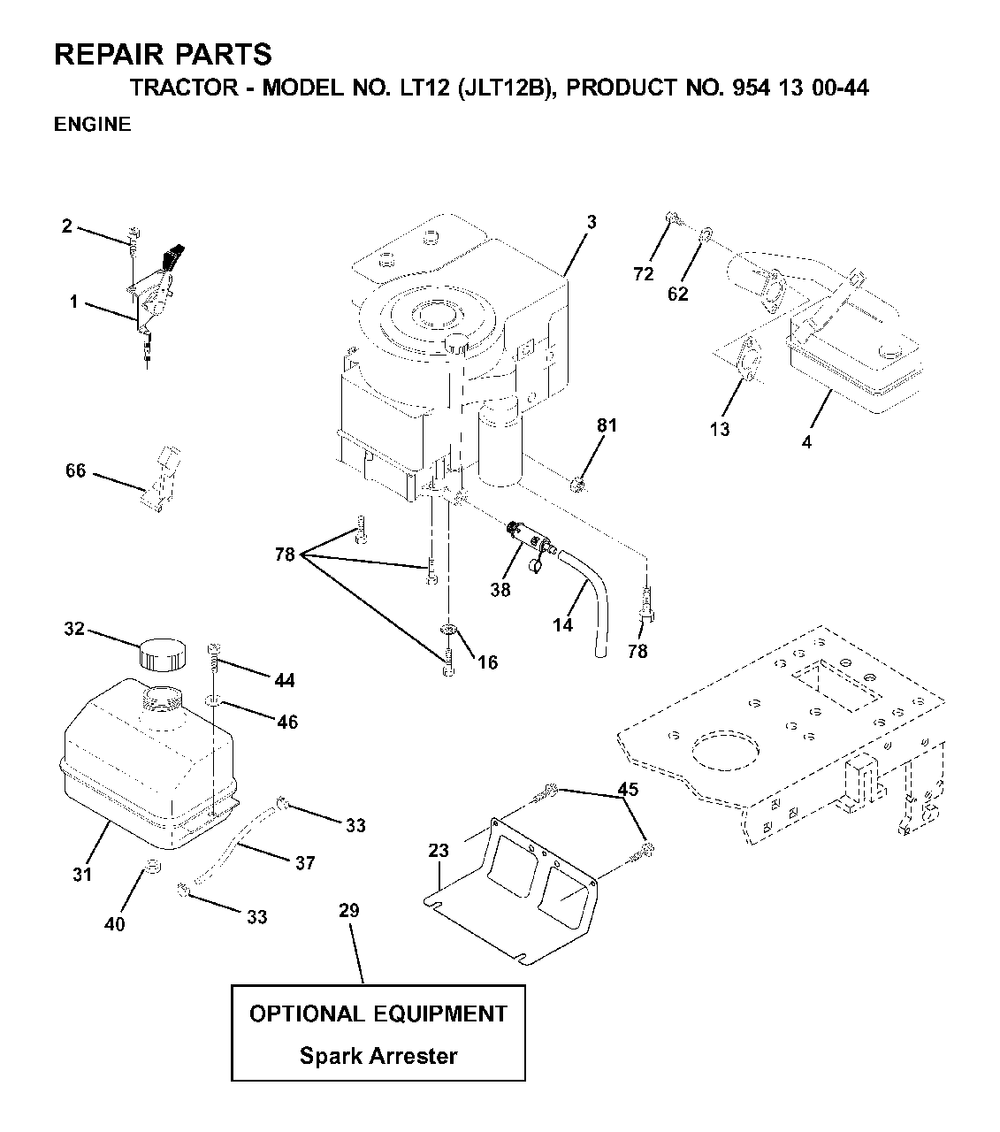 Engine Diagram and Parts List for LT12 (954130044)(2001-02) Jonsered Lawn Tractor
