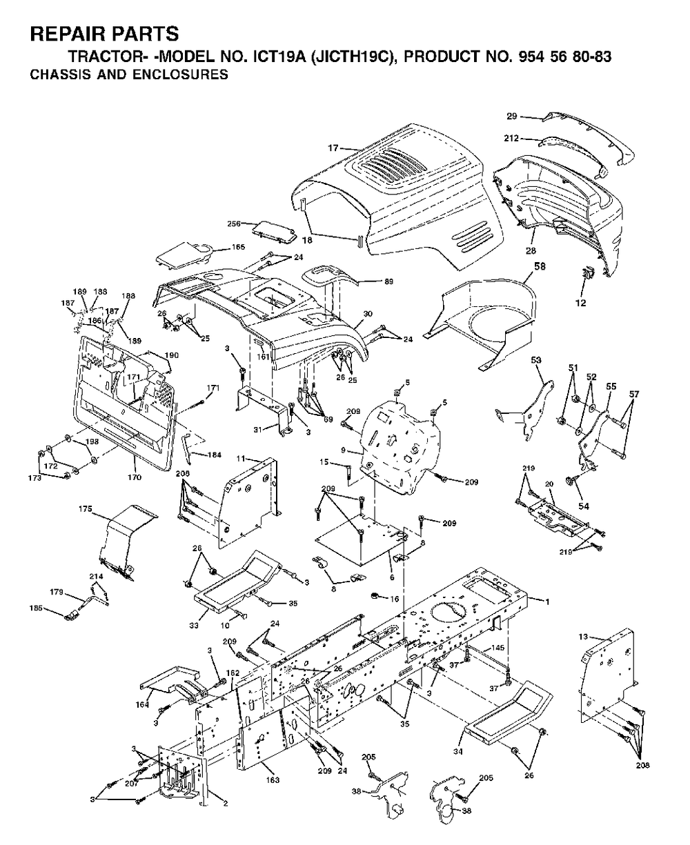 Chassis Enclosures Diagram and Parts List for ICT19A (954568083)(2002-06) Jonsered Lawn Tractor