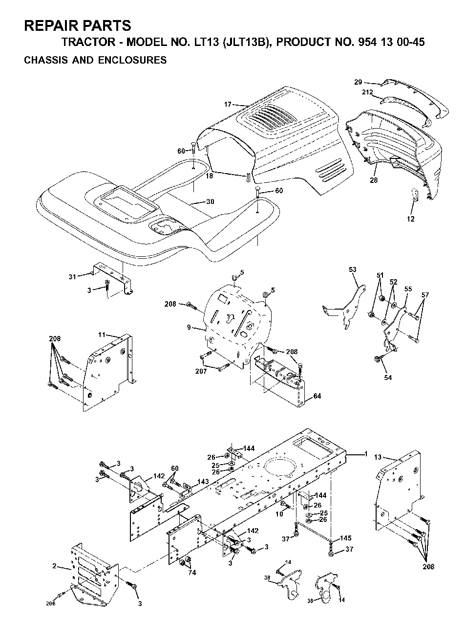Chassis Enclosures Diagram and Parts List for LT13 (954130045)(2001-02) Jonsered Lawn Tractor