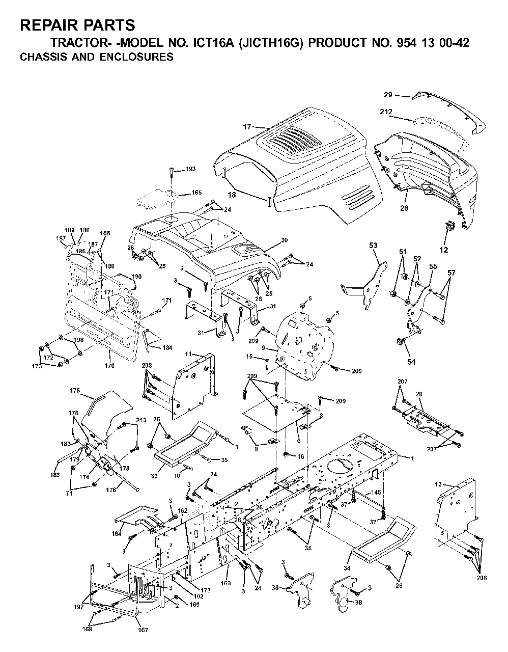 Chassis Enclosures Diagram and Parts List for ICT16A (954130042-G)(2001-02) Jonsered Lawn Tractor