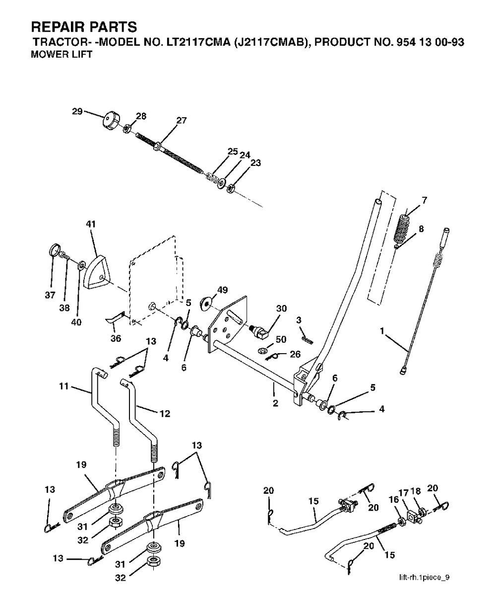 Mower Lift / Deck Lift Diagram and Parts List for LT2117CMA (954130093)(2003-05) Jonsered Lawn Tractor