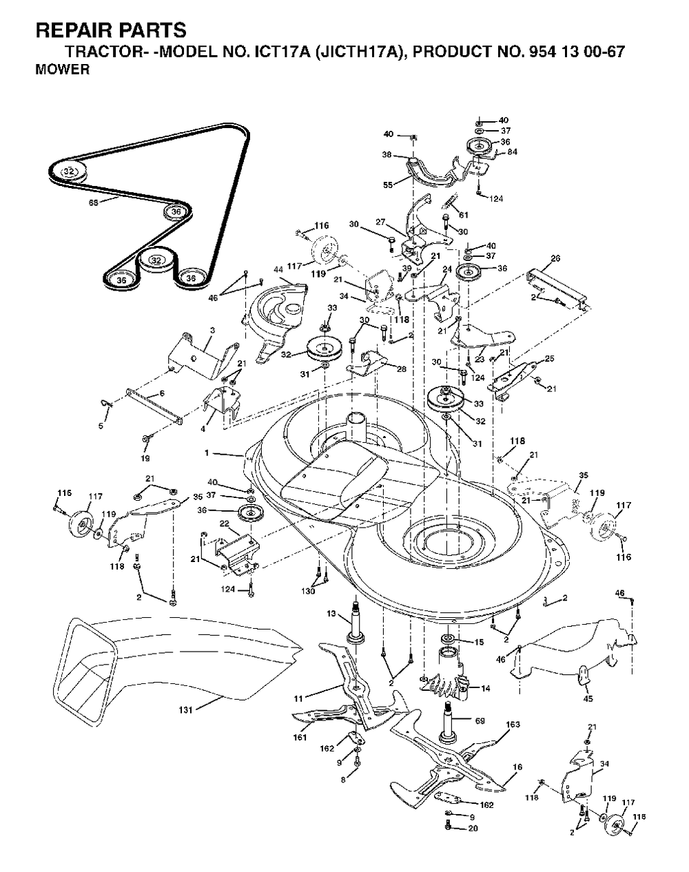 Mower Deck / Cutting Deck Diagram and Parts List for ICT17A (954130067)(2002-02) Jonsered Lawn Tractor