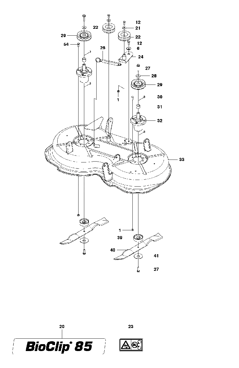 Mower Deck / Cutting Deck 1 Diagram and Parts List for FR2312MA (966639885)(2011-02) Jonsered Lawn Tractor