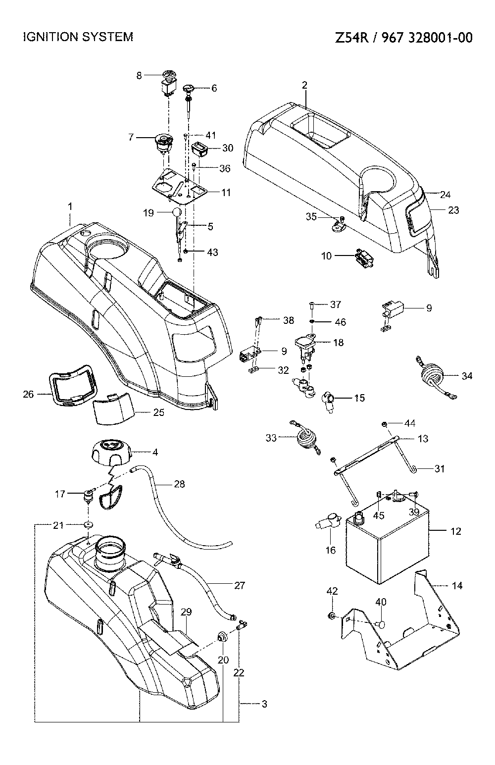 Ignition system Diagram and Parts List for 967328001-00  Jonsered Lawn Mower