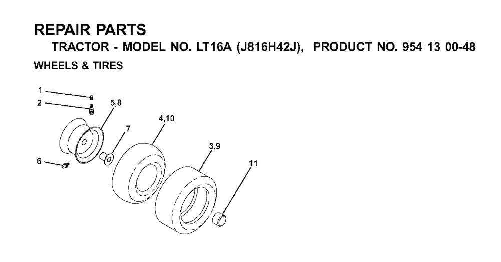 Wheels Tires Diagram and Parts List for LT16A (954130048)(2001-02) Jonsered Lawn Tractor