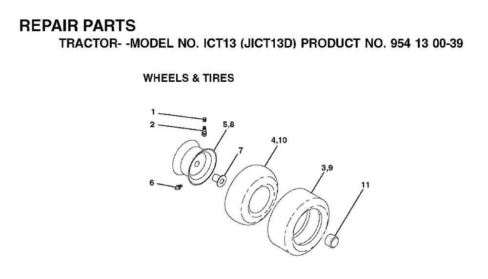 Wheels Tires Diagram and Parts List for ICT13 (954130039)(2001-01) Jonsered Lawn Tractor