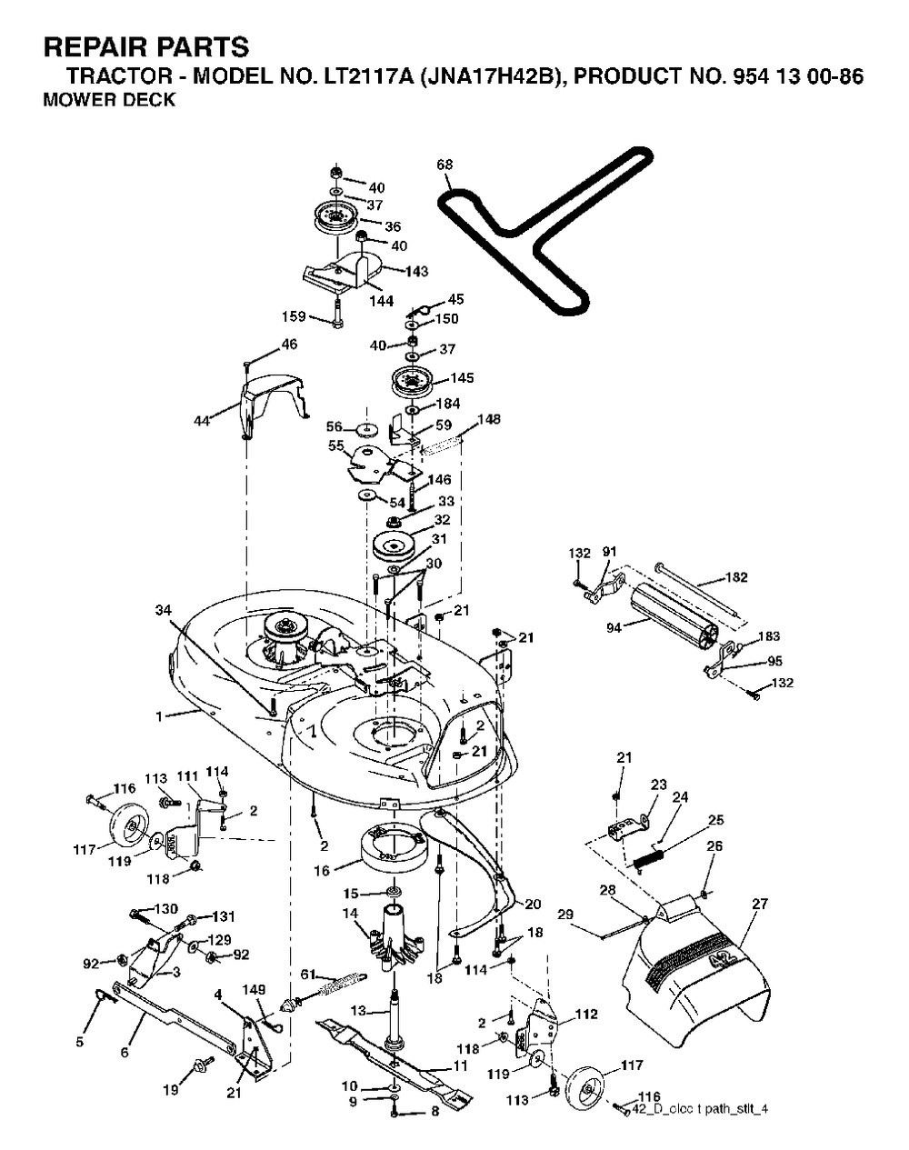 Mower Deck / Cutting Deck Diagram and Parts List for LT2117A (954130086)(2003-05) Jonsered Lawn Tractor