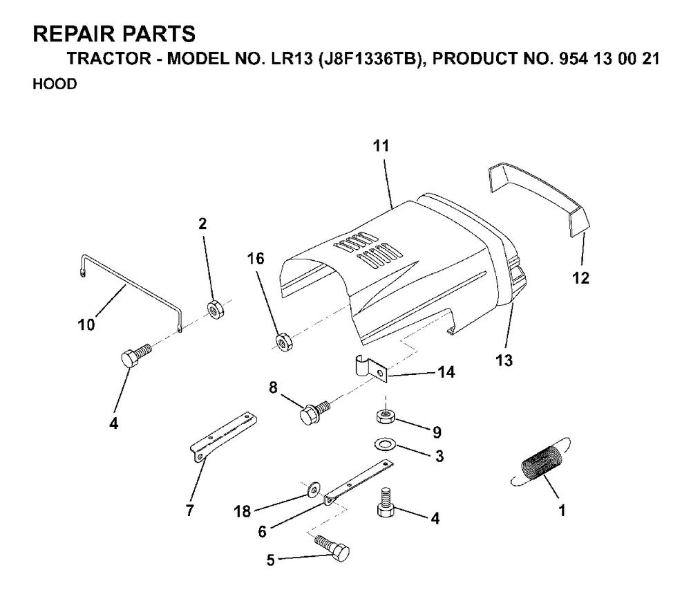 Hood Diagram and Parts List for LR13 (954130021)(1998-12) Jonsered Lawn Tractor