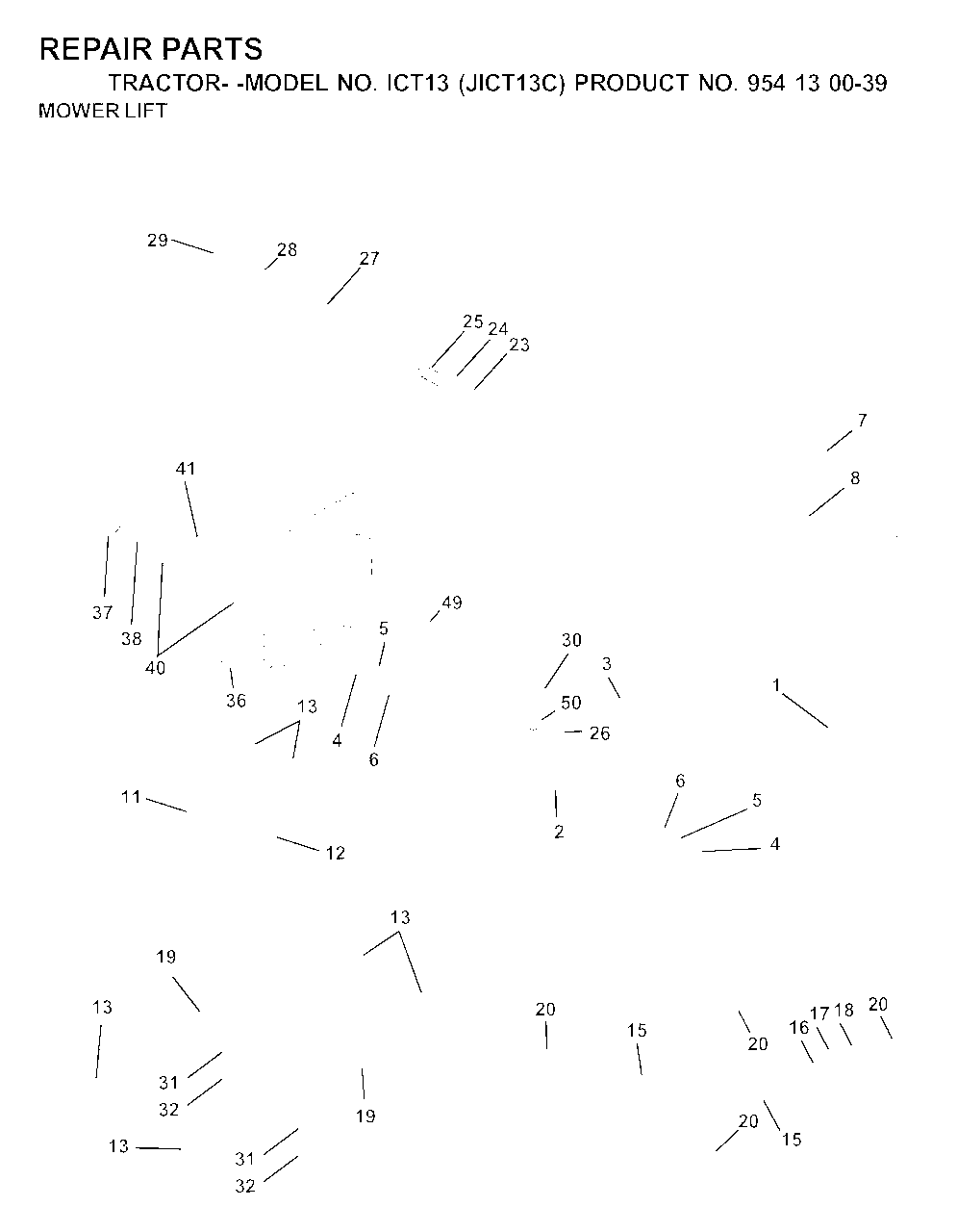 Mower Lift / Deck Lift Diagram and Parts List for ICT13 (954130039)(2000-04) Jonsered Lawn Tractor