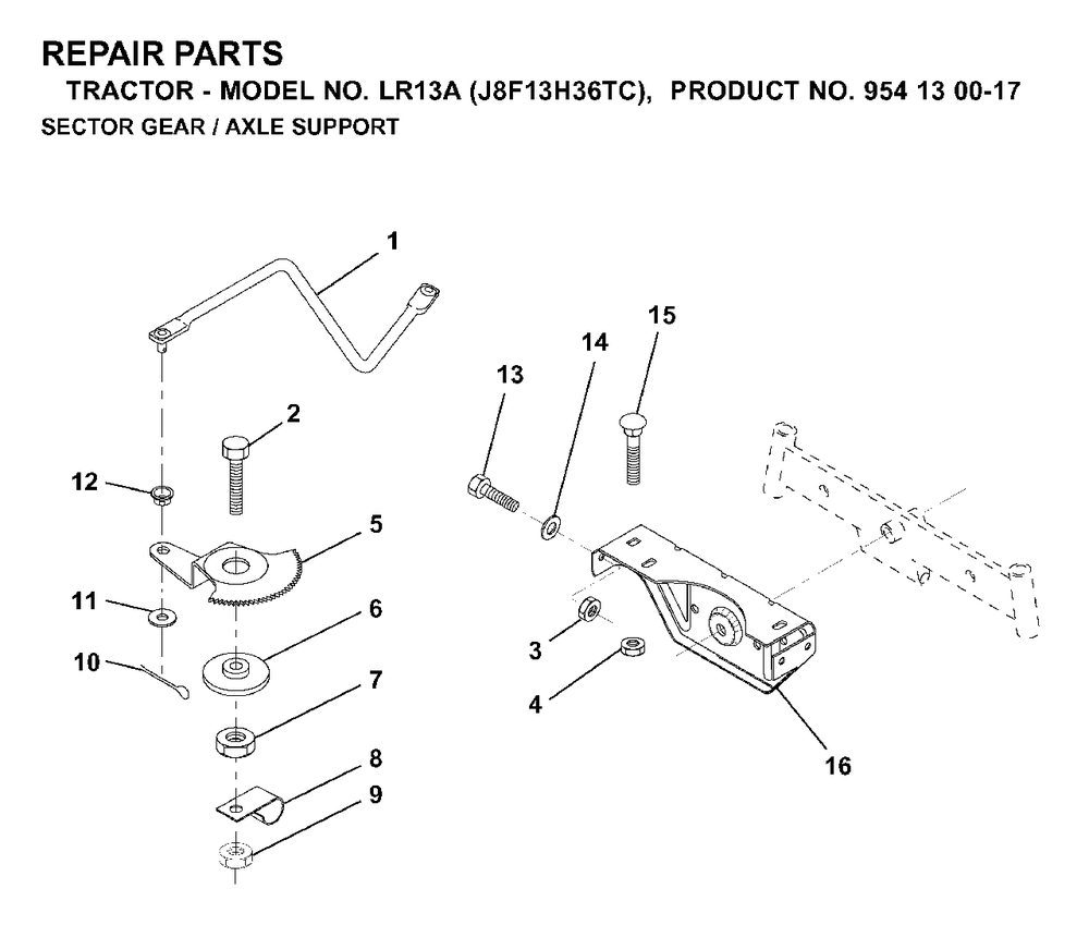 Sector Gear / Axle Support Diagram and Parts List for LR13A (954130017)(2000-02) Jonsered Lawn Tractor