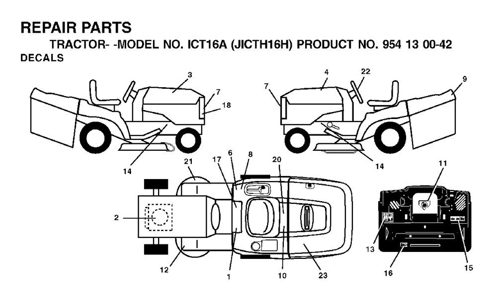 Decals Diagram and Parts List for ICT16A (954130042-H)(2002-01) Jonsered Lawn Tractor