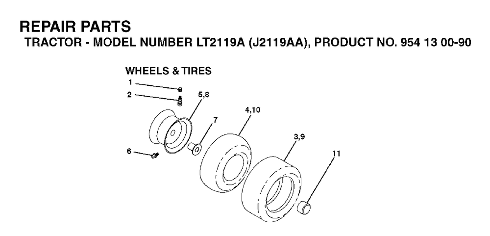 Wheels Tires Diagram and Parts List for LT2119A (954130090)(2003-01) Jonsered Lawn Tractor