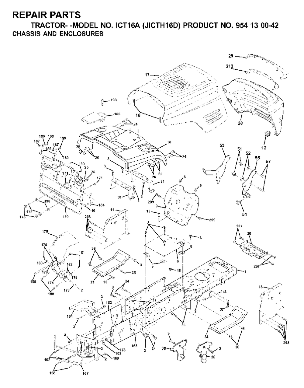 Chassis Enclosures Diagram and Parts List for ICT16A (954130042-D)(2000-04) Jonsered Lawn Tractor