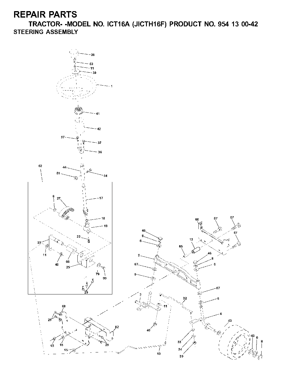 Steering Diagram and Parts List for ICT16A (954130042-F)(2001-02) Jonsered Lawn Tractor