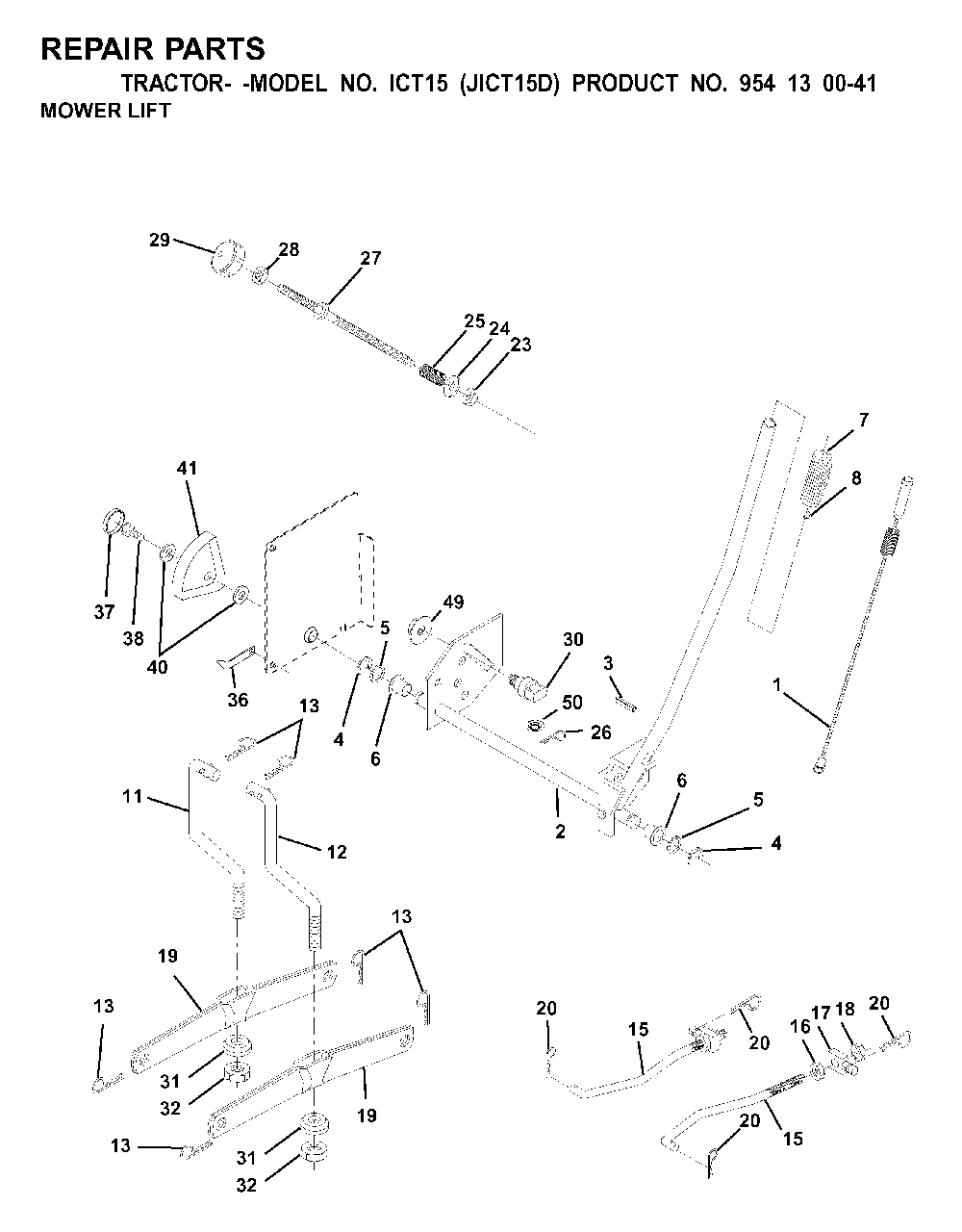 Mower Lift / Deck Lift Diagram and Parts List for ICT15 (954130041)(2001-01) Jonsered Lawn Tractor