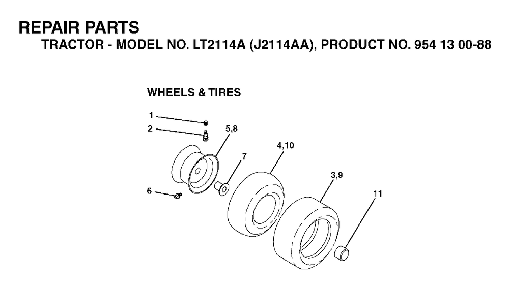 Wheels Tires Diagram and Parts List for LT2114A (954130088)(2003-01) Jonsered Lawn Tractor