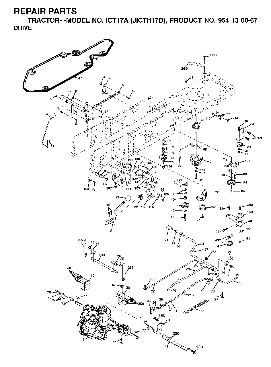 Drive Diagram and Parts List for ICT17A (954130067)(2002-06) Jonsered Lawn Tractor