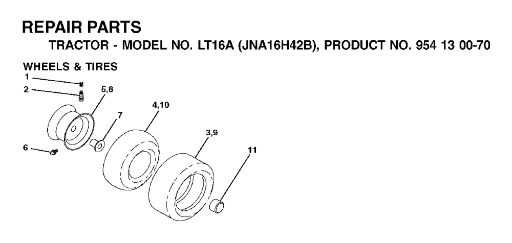Wheels Tires Diagram and Parts List for LT16A (954130070)(2003-01) Jonsered Lawn Tractor
