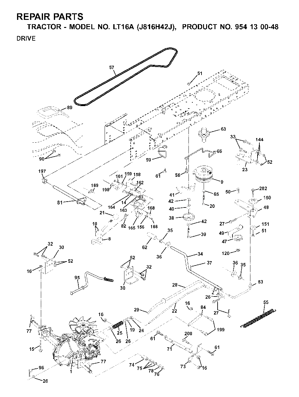 Drive Diagram and Parts List for LT16A (954130048)(2001-02) Jonsered Lawn Tractor
