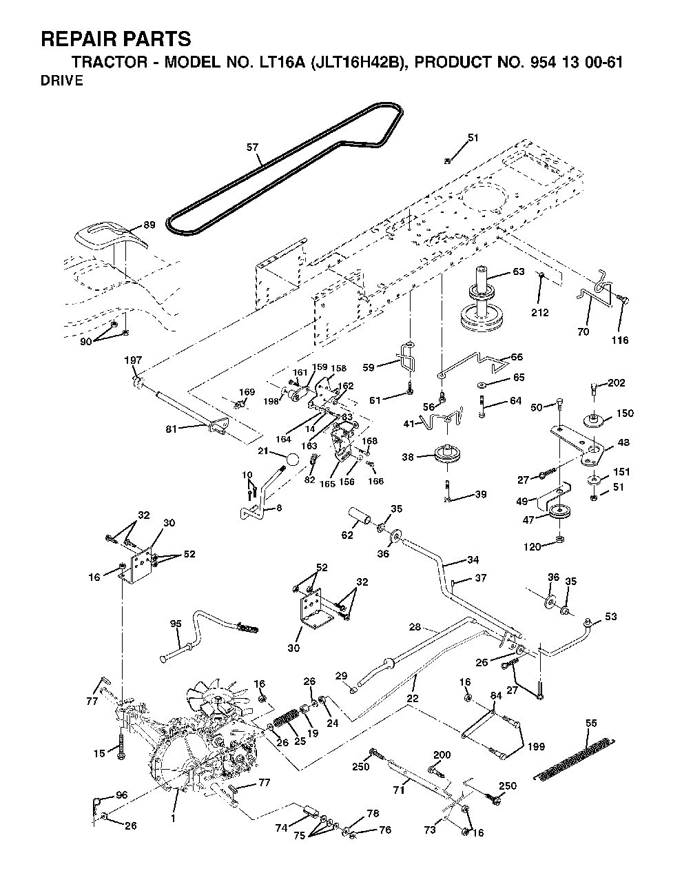 Drive Diagram and Parts List for LT16A (954130061)(2002-03) Jonsered Lawn Tractor