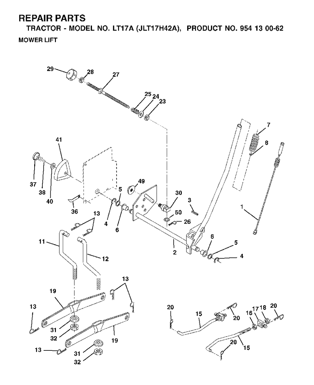 Mower Lift / Deck Lift Diagram and Parts List for LT17A (954130062)(2002-06) Jonsered Lawn Tractor