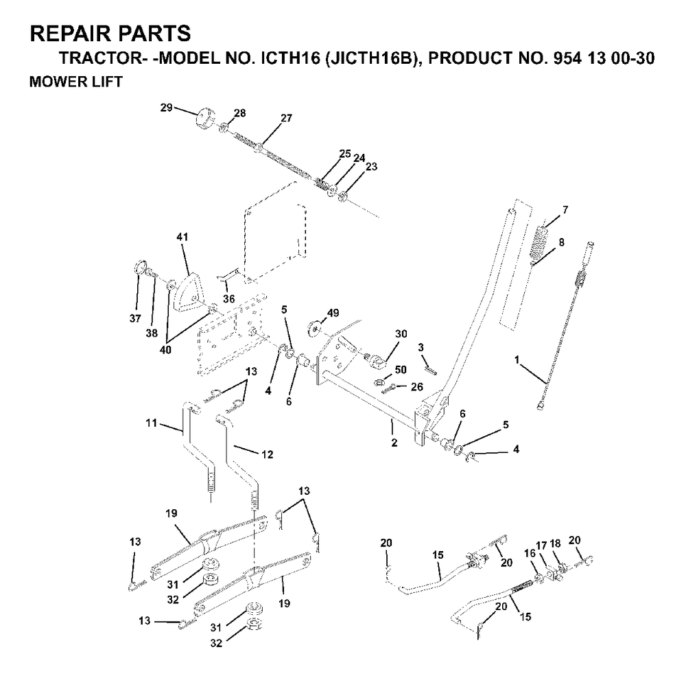 Mower Lift / Deck Lift Diagram and Parts List for ICTH16 (954130030)(1999-03) Jonsered Lawn Tractor