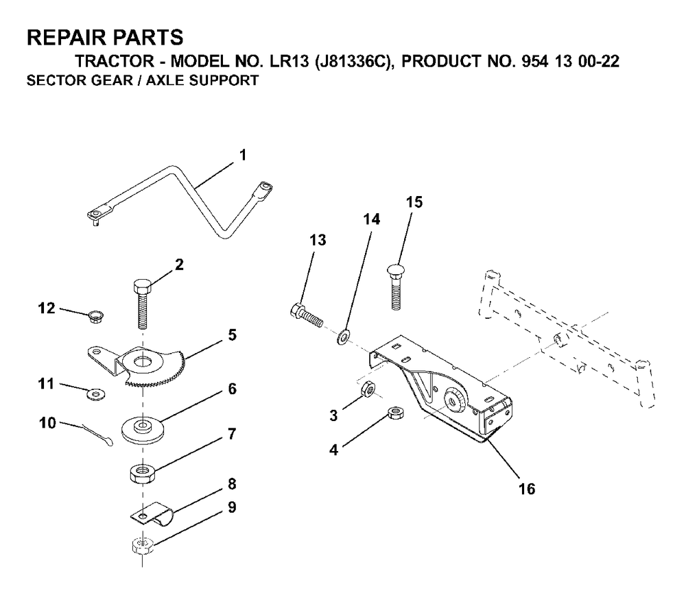 Sector Gear / Axle Support Diagram and Parts List for LR13 (954130022)(2000-03) Jonsered Lawn Tractor