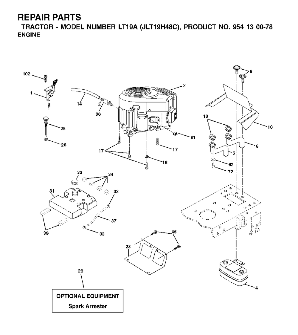 Engine Diagram and Parts List for LT19A (954130078)(2002-09) Jonsered Lawn Tractor
