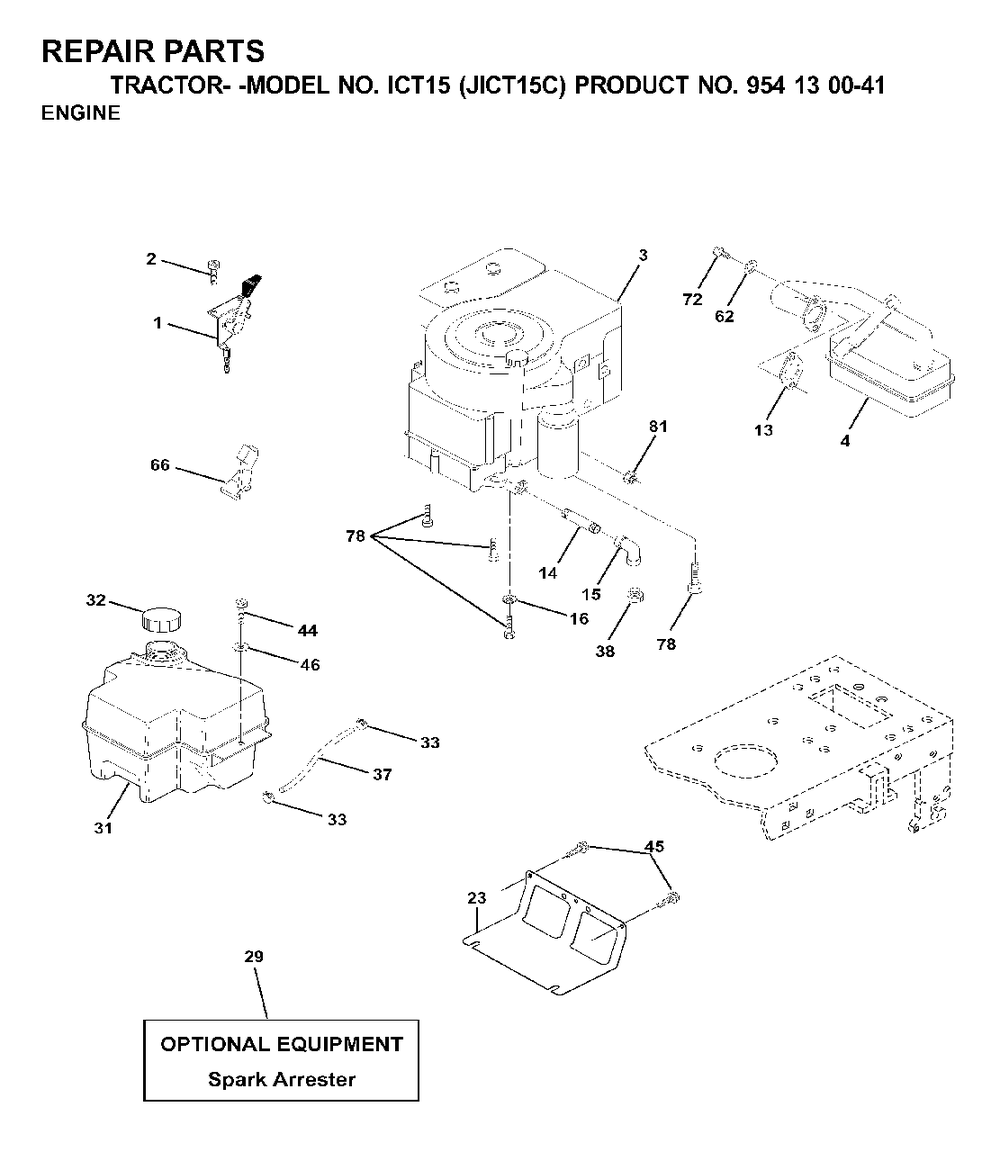 Engine Cutting Equipment Diagram and Parts List for ICT15 (954130041)(2000-04) Jonsered Lawn Tractor
