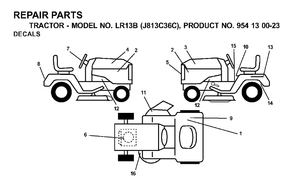 Decals Diagram and Parts List for LR13B (954130023)(2000-03) Jonsered Lawn Tractor