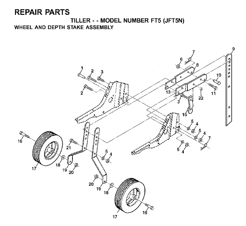 Wheel Depth Stake Assembly Diagram and Parts List for FT5 2001-01 Jonsered Tiller