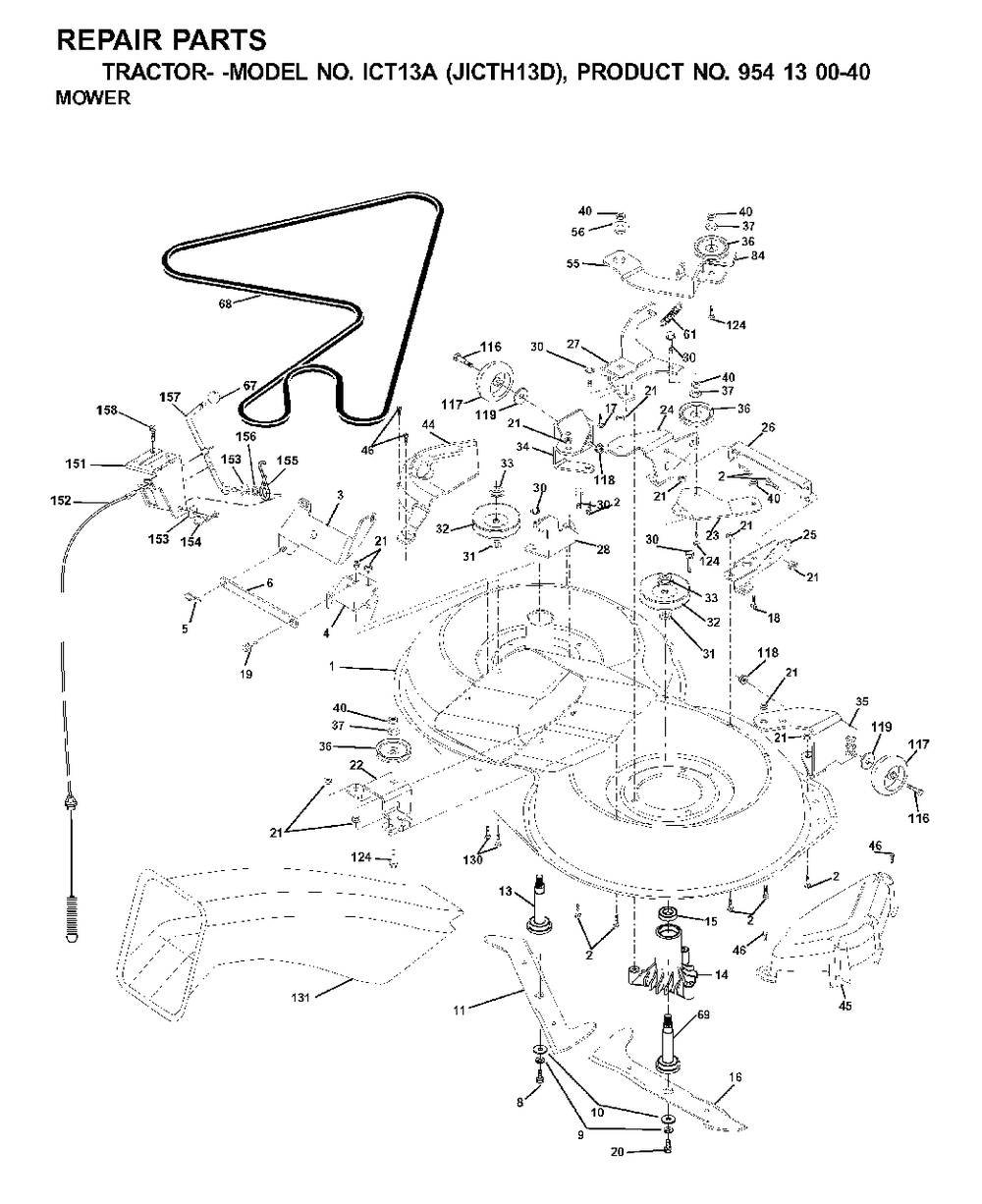 Mower Deck / Cutting Deck Diagram and Parts List for ICT13A (954130040-D)(2001-02) Jonsered Lawn Tractor