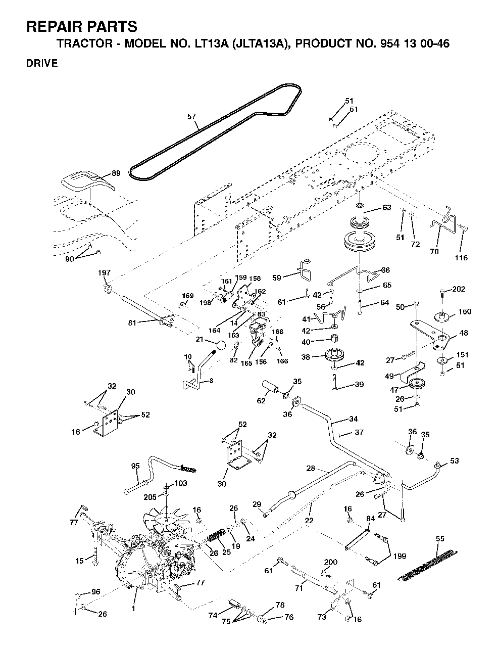 Drive Diagram and Parts List for LT13A (954130046)(2001-01) Jonsered Lawn Tractor
