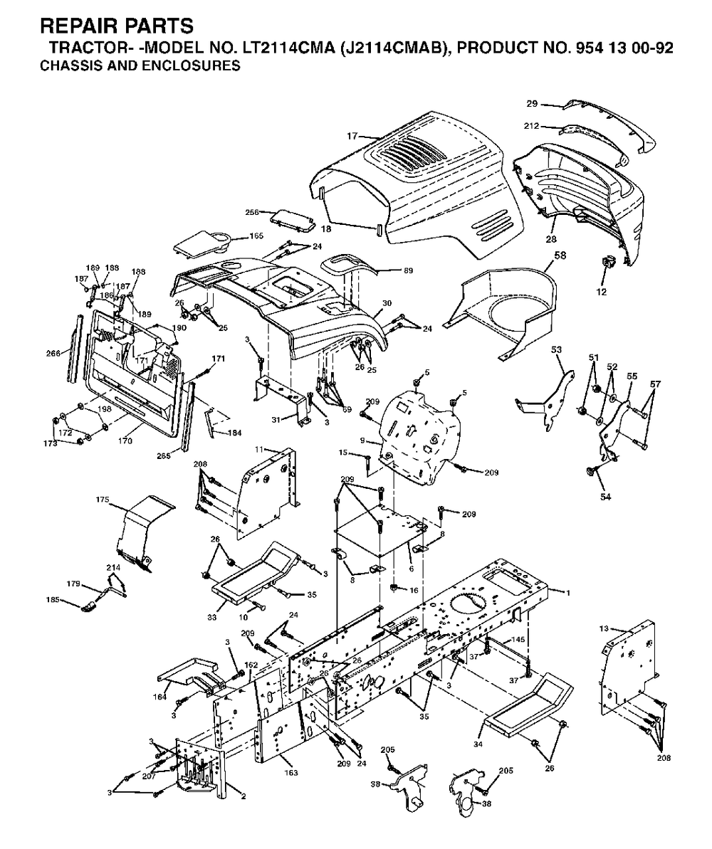 Chassis Enclosures Diagram and Parts List for LT2114CMA (954130092-B)(2003-01) Jonsered Lawn Tractor
