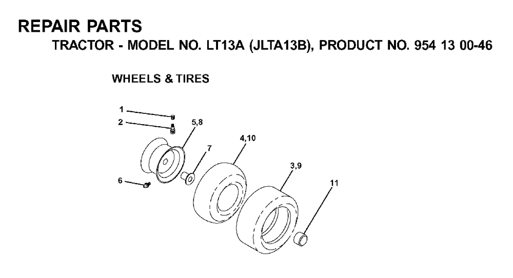 Wheels Tires Diagram and Parts List for LT13A (954130046)(2001-02) Jonsered Lawn Tractor