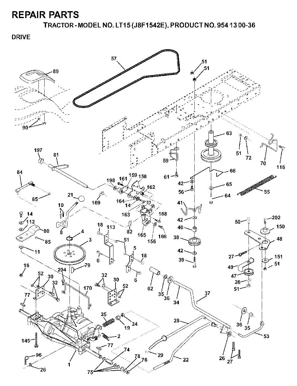 Drive Diagram and Parts List for LT15 (954130036)(2000-03) Jonsered Lawn Tractor