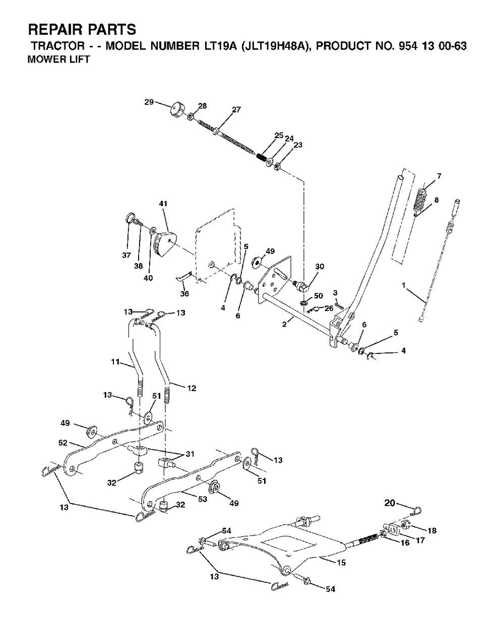 Mower Lift / Deck Lift Diagram and Parts List for LT19A (954130063)(2002-02) Jonsered Lawn Tractor