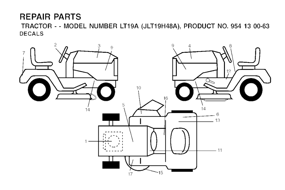 Decals Diagram and Parts List for LT19A (954130063)(2002-02) Jonsered Lawn Tractor