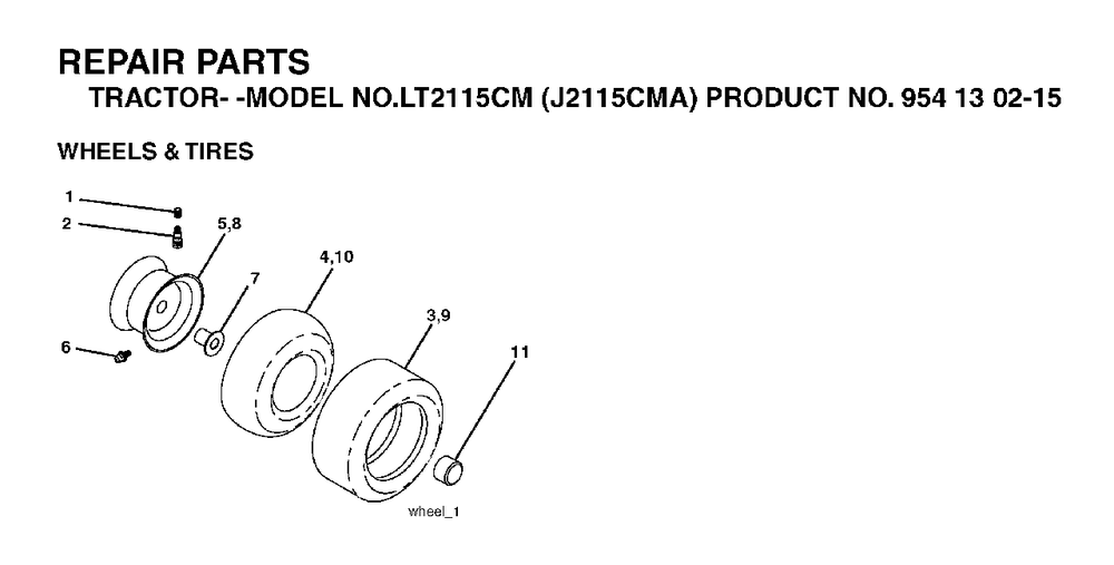 Wheels Tires Diagram and Parts List for LT2115CM (954130215)(2004-01) Jonsered Lawn Tractor