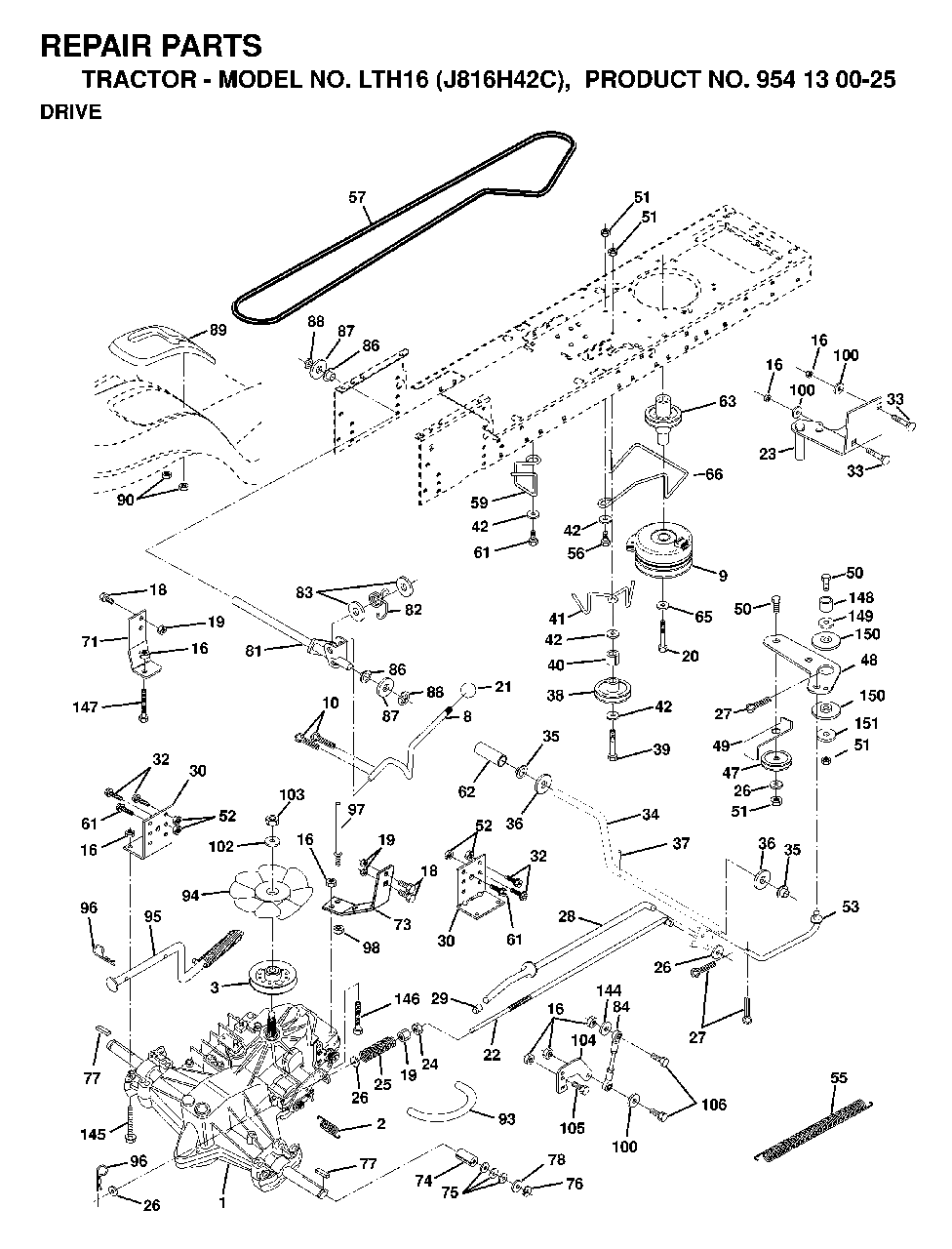 Drive Diagram and Parts List for LTH16 (954130025)(1998-12) Jonsered Lawn Tractor