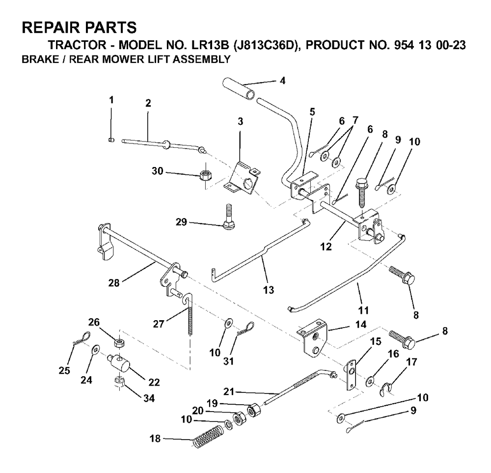 Brake / Rear Mower Lift Diagram and Parts List for LR13B (954130023)(2000-04) Jonsered Lawn Tractor