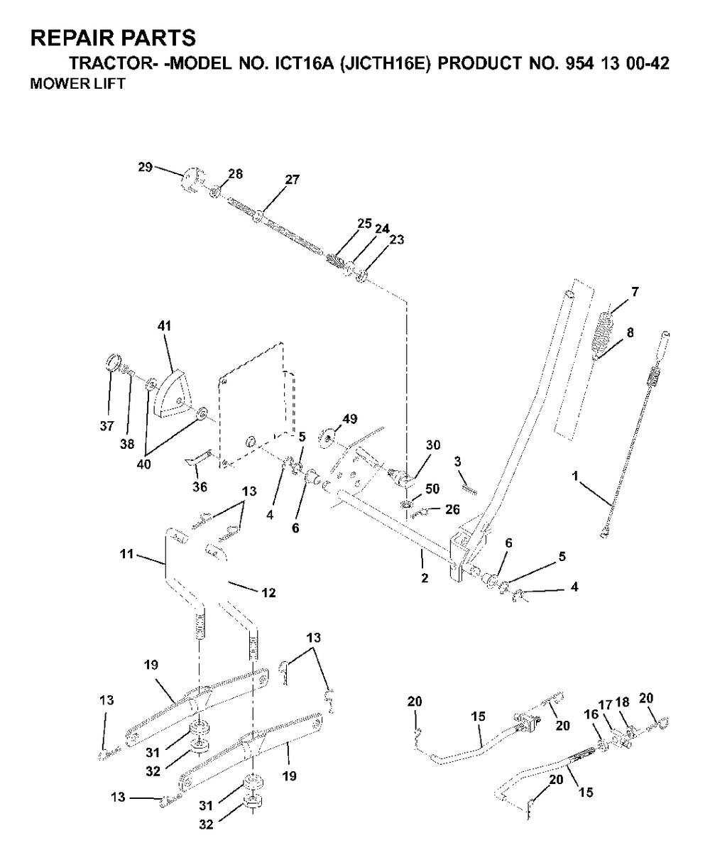 Mower Lift / Deck Lift Diagram and Parts List for ICT16A (954130042-E)(2000-04) Jonsered Lawn Tractor