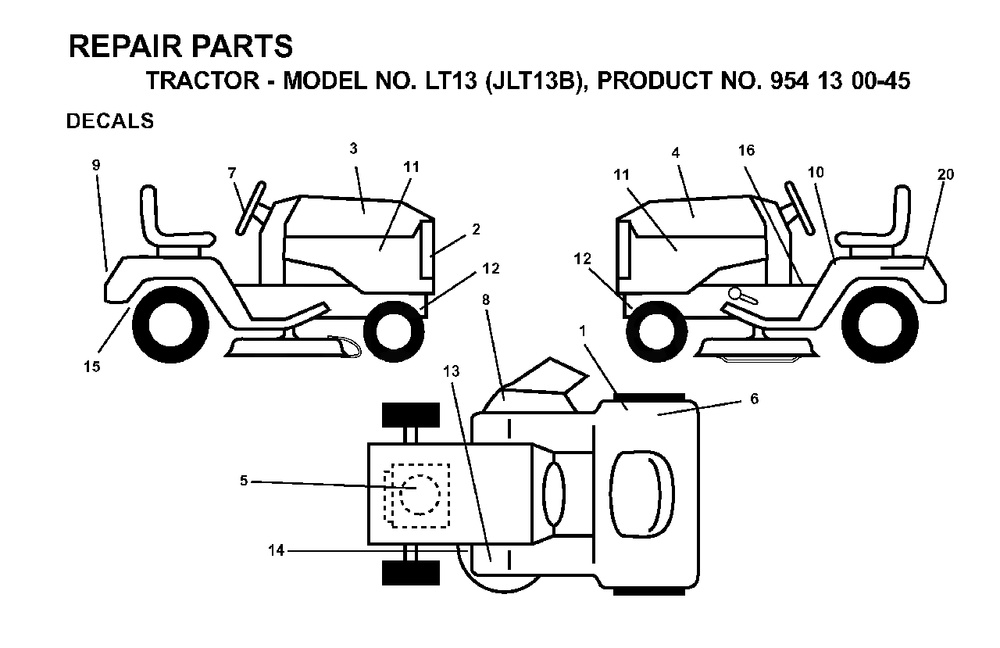 Decals Diagram and Parts List for LT13 (954130045)(2001-02) Jonsered Lawn Tractor
