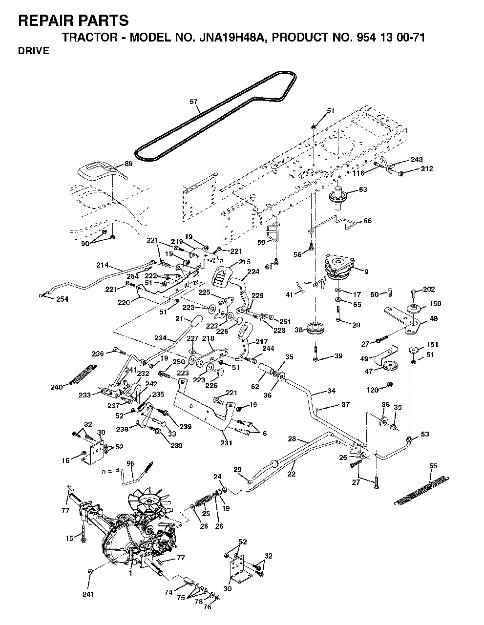 Drive Diagram and Parts List for LT19A (954130071)(2003-01) Jonsered Lawn Tractor