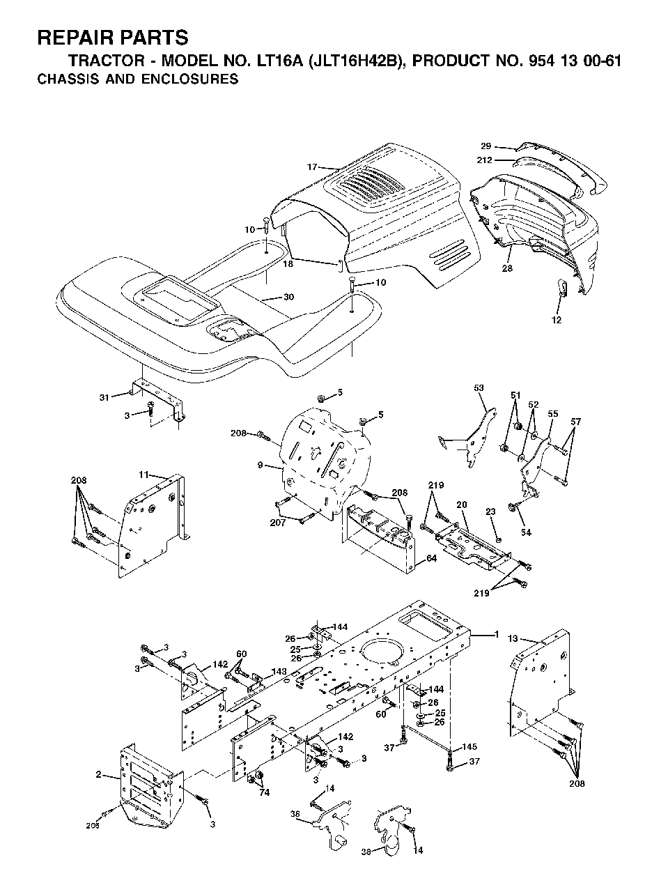 Chassis Enclosures Diagram and Parts List for LT16A (954130061)(2002-03) Jonsered Lawn Tractor