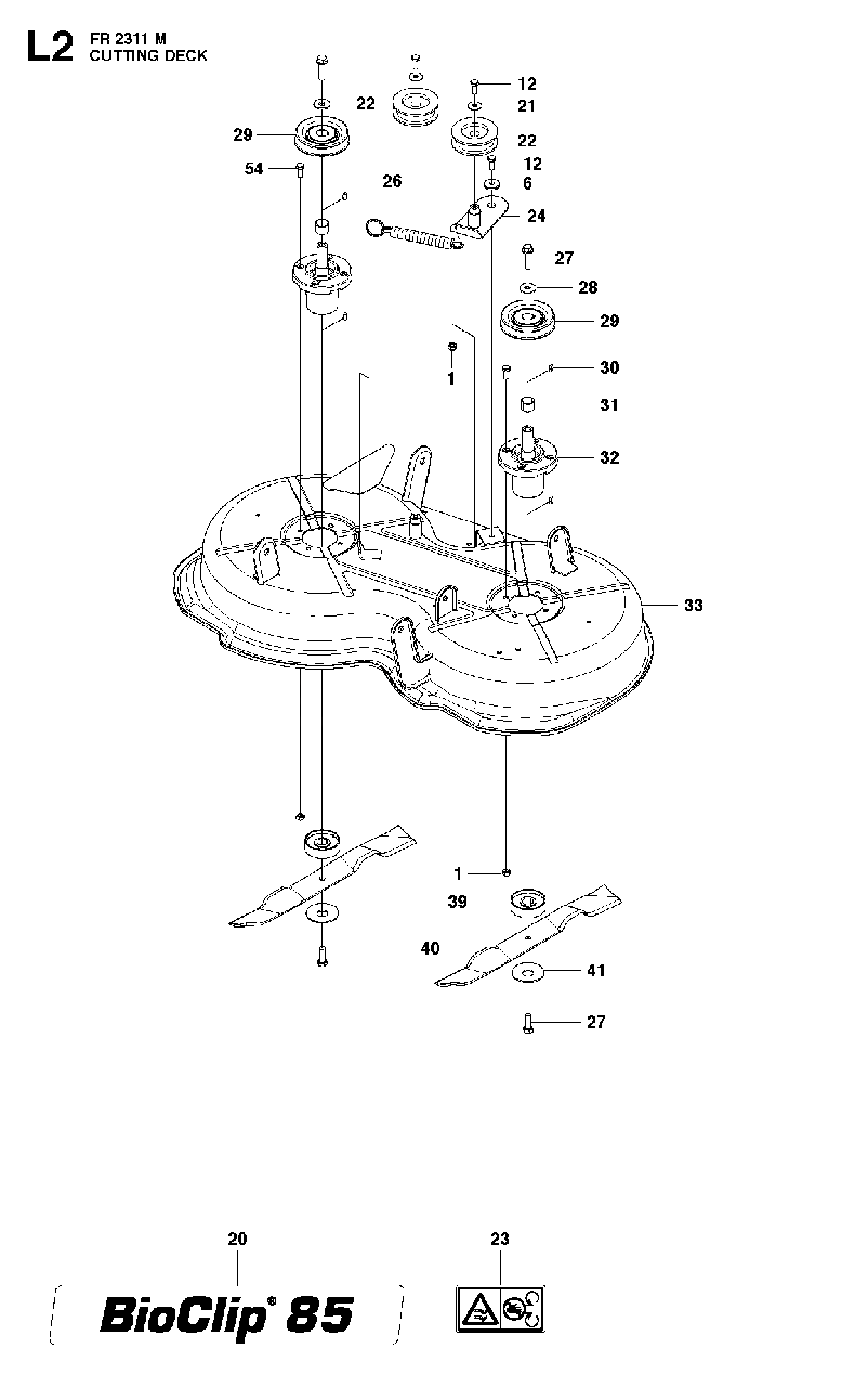 Mower Deck / Cutting Deck 1 Diagram and Parts List for FR2311M (966639785)(2011-02) Jonsered Lawn Tractor